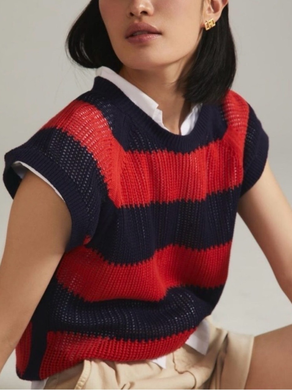 CLARE V. Raglan Sweater Vest Navy Poppy Open Weave Knit Size Small Short Sleeve